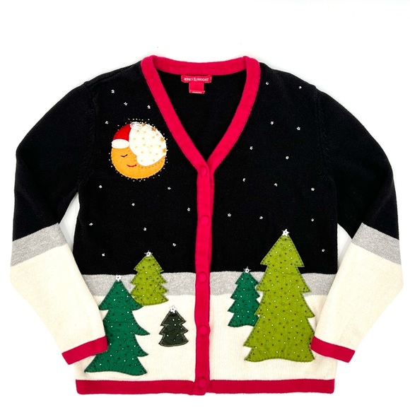 Vintage 90s Merry & Bright Christmas Tree V-Neck Cardigan S - Picture 1 of 8